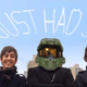 Master Chief stands between the Lonely Island under clouds that say "I Just Had Sex."